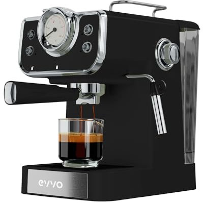 EVVO Cafetera Express Intensa Retro, 15 bares, Acabado Vintage, Cuerpo de Acero, Espressos y Capuccinos, 950W, Doble salida, Portafiltros, Depósito de 1,5 l, Calentamiento Rápido (Color: Negro)