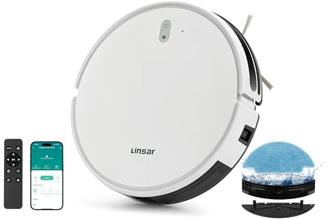 Linsar Robot Vacuum with mop - 3000 Pa, 120 min running time, WLAN - robot hoover and mop optimized for carpet pet hair hard floors, charging station, remote control, APP control, Alexa (White)