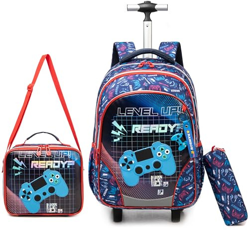 Egchescebo Kids Gamepad Rolling Backpack for Boys Suitcases Trolley Backpacks with Wheels Roller Luggage Backpacks on Wheels with Lunch Box Pencil Case for Elementary Boy Travel Soccer school Bag Blue