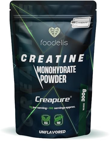 Foodelis Creatina Creapure 300g in polvere - 100% Creatina Monoidrata Creapure Certificata - Senza Sapore, Non-OGM, Pura senza Additivi - Alta Solubilità - Include Dosatore - Creatine Pura