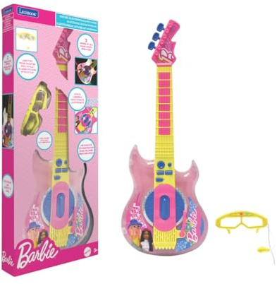 Lexibook, Barbie, Guitare électronique avec Micro et Lunettes pour Chanter avec Style, 2 Modes de Jeu, Mélodies de démonstration, Effets Lumineux, Rose/Jaune, K260BB