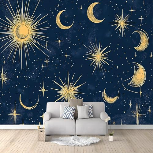 Papel pintado fotográfico impreso Vector estelar luna sol Papel pintado fotográfico de tejido no tejido 250 x 175 cm arte fotográfico pared de Azul amarillo pintado de pared imagen de pare