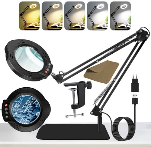Kevsuvqin Lupe mit Licht und Ständer, 10X LED Lupenleuchte mit Klemme, LED Lupenlampe mit 5 Farbmodi Dimmbare, Lampe mit Lupe für handwerkliche Reparaturen & Nahaufnahmen, Tischlupe mit Beleuchtung