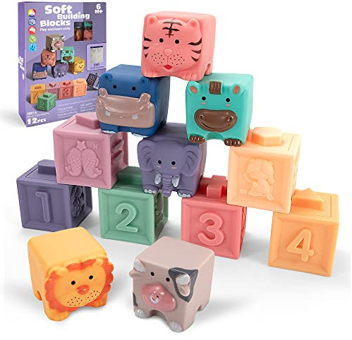 Jesustree Blocchi Impilabili per Bambini, 12 Pezzi Giocattoli per Bambini Soft Building Blocks Massaggiagengive Giocattolo Educativo Spremere Impilabili Gioca con Numeri Animali