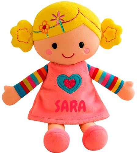 Peluchilandia Muñeca de Trapo Personalizada - Regalo Bebe 1 año - Muñecas para niñas 2 años y más - Tacto Muy Suave 25cm Personalizadas con su Nombre para un Detalle Especial