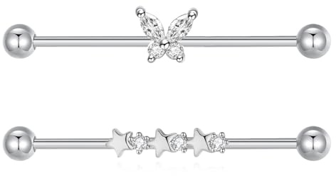 Gojewen 2 pièces Industrial Piercing Bars 38mm Argent Scaffold Barbells 14G Acier Chirurgical Papillon Bijoux Piercing Oreilles
