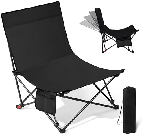 Campingstuhl Faltbar bis 150kg Klappstuhl Camping Stuhl Leicht Angelstuhl Klappbar, 4 Verstellbar Winkel Strandstuhl Hohe Lehne mit Tragetasche Gartenstuhl für Garten Outdoor Strand Wandern (Schwarz)