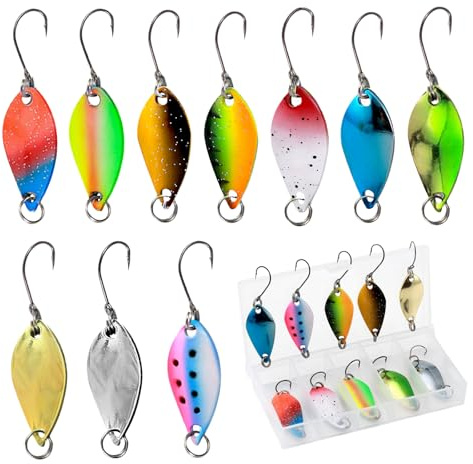 CUVZORA Set di 10 esche per trota, spinner & indicatori di direzione (2,5 g/3,5 g/5,5 g) con scatola portaoggetti, esche colorate con effetto serratura, per trota, luccio, lucioperca in fiume