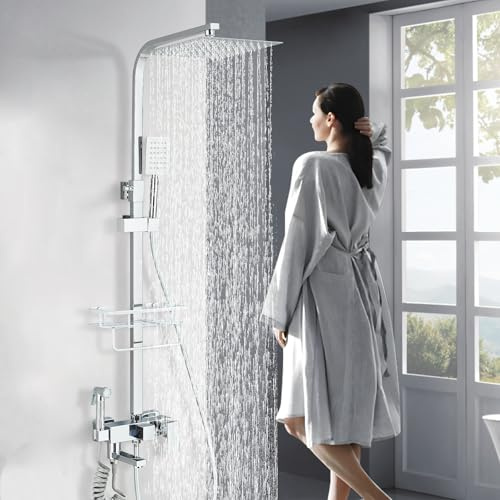 Harnart Regendusche Duschsystem Chrom Duscharmatur Komplettset Set Duschstange mit brause Duschkopf mit Schlauch und Halterung 4 Strahlarten,30x30CM Eckig Kopfbrause Duschset