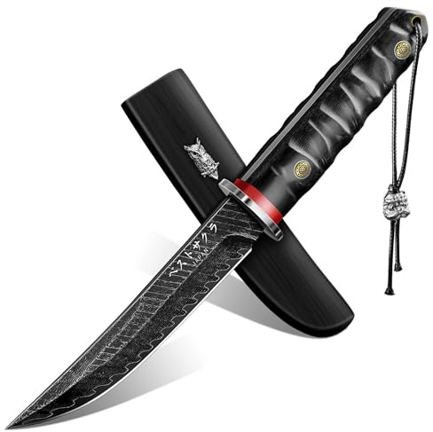 PURPLEBIRD Cuchillo de Acampada Negro de Acero al Carbono, alta Dureza y Afilado, Cuchillo para Exteriores con Funda de ébano para Caza, Senderismo, Regalo para Hombres