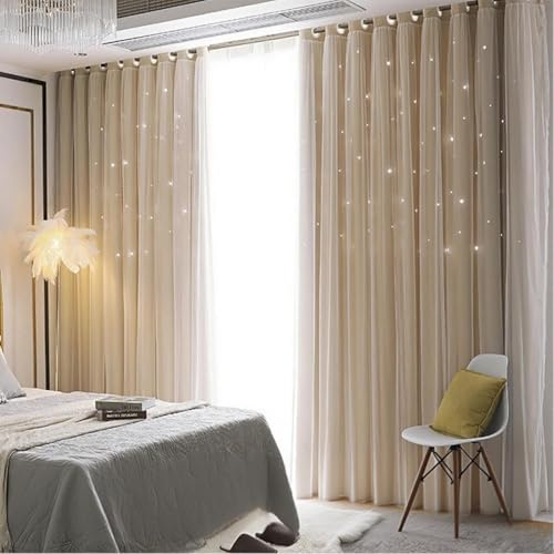 AOWELLOW Beige Star Blackout Curtains 63 Length for Boy Bedroom 2 Panels Set, Privacy Boho Room Darkening Curtain for Glass Door, Thick Grommet Top Star Cutout Cute Kids Curtain (W52X L63)