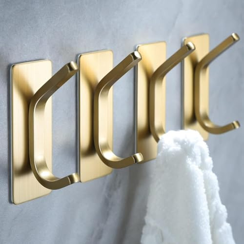 TKLake Gold Self Adhesive Hooks Heavy Duty Stainless Steel 4 Pack for Wall Door Kitchen