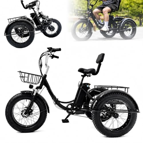 Triciclo Eléctrico De 20 Pulgadas Con Asistencia Al Pedaleo-Plegable,Neumáticos Anchos,Con Cesta De Carga Delantera Y Trasera,Pantalla Digital Lcd,Triciclo Eléctrico Para Adultos,Carga Máxima:200 Kg.