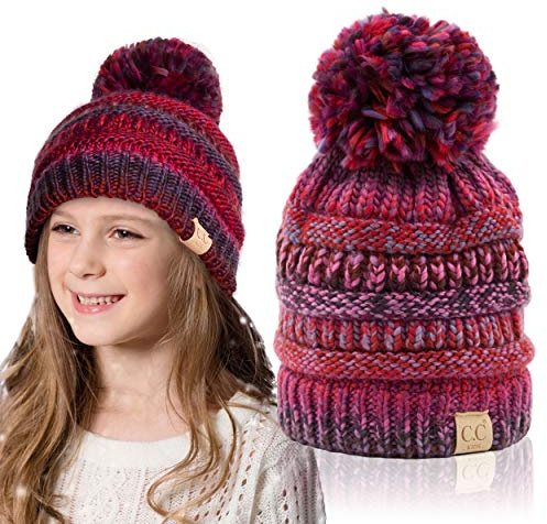 C.C Multi Color Knit Children Beanie Skull Kids Hat with Pom (Burgundy)