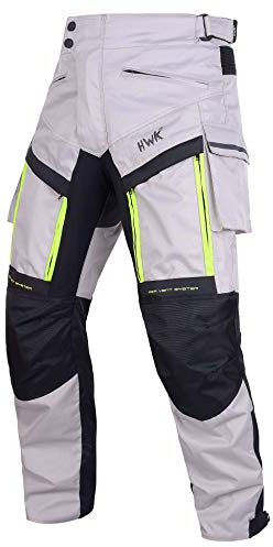 HWK Waterproof Motorcycle Cargo Pants, Durable Motorcycle Riding Pants with CE Armor and Multiple Pockets, Machine Washable Hi-Vis Polyester Moto Gear for Men - Silver, Waist 32-34, Inseam 34