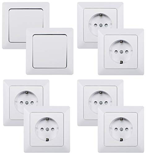 MILOS Steckdose Schalter Set 16-teilig 6x Steckdosen 2x Wechsel-Schalter Klemmanschluss mit 1-fach Rahmen kombinierbar in Mehrfach-Rahmen Matt Weiß
