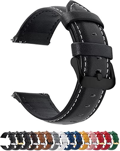 Fullmosa 12 Farben Uhrenarmband,20mm Vintage Lederarmband Ersatzrmbänder für Smartwatch und Universal-Uhr mit Edelstahl Schließe für Herren Damen,20mm Uhrband Schwarz + Schwarze Schnalle