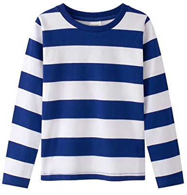 Spring&Gege Camiseta de algodón de manga larga a rayas con cuello redondo, Rayas azules y blancas, 7-8 Años