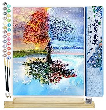 Figured'Art Malen Nach Zahlen Erwachsene Mit Rahmen Baum in vier Jahreszeiten - Paint by Numbers Basteln DIY Bastelset 40x50cm Mit Keilrahmen (nicht gespannt)