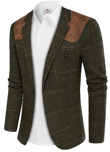 Men's Sport Coats Herringbone Tweed Blazer Irish Wool Blend Blazer Notch Lapel Dark Green