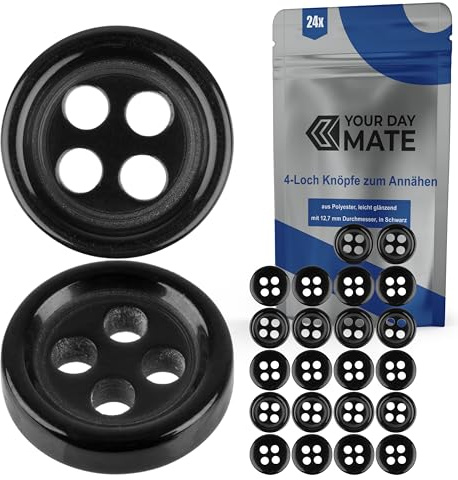 Knöpfe für Bekleidung, 24 Stück, 4-Loch, Ø 12,7 mm, in Schwarz, aus Polyester, Größe 20L, Harzknöpfe für Jacke, Mantel, Hemd, Poloshirt, DIY Knopf Kunstharz, Wäscheknöpfe, Basis Button, Bastelknöpfe