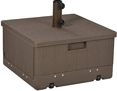 Outsunny - Pie de sombrilla con base de lastre, mesa auxiliar para jardinera con drenaje ruedas y asas de PE y metal dim. 53 x 53 x 47 cm, color marrón