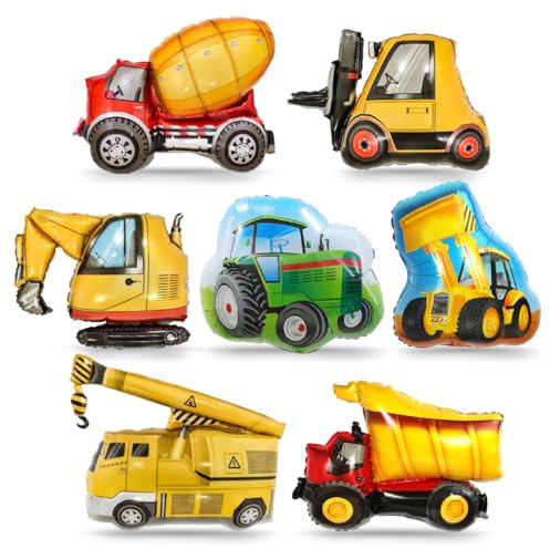 Sprinlot 7 stycken bulldozer-ballonger, XXL ballonger med byggtema, jätte ballong lastbilar, traktorer, bulldozerballonger, grävmaskin för barn, födelsedagsfest dekorationer