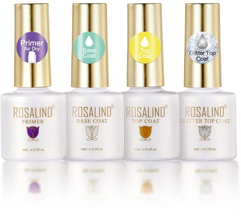 ROSALIND UV-Gelnagellack baslack topplack och primer 4-delars set, UV-LED-gelnagellack glittertopplack nageldesign manikyrset