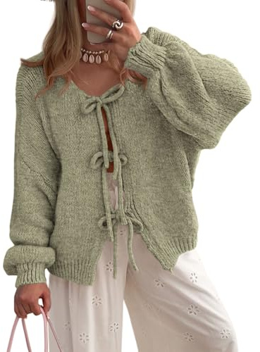 PRETTYGARDEN Women's Tie Front Bow Cardigan Sweaters Chunky Knit Long Puff Sleeve Trendy Fall Winter Jacket Coats (Mist Green,Large)