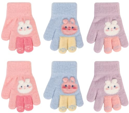 QKURT 3 Pairs Children Winter Magic Gloves, Unisex Thermal Gloves Kids Full Finger Mittens Warm Stretchy Knit Gloves Colorful Soft Gloves with Rabbit Pattern for 2-6 Years Girls Boys
