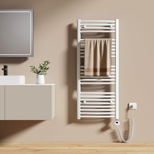 EMKE Radiador Toallero Eléctrico para Baño 120 x 50 cm, Radiador Curvado con Termostato, Calientatoallas Eléctrico, Soporte Toallero Eléctrico, Blanco, 500 Watts