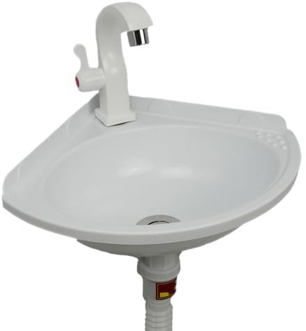 Plastic Corner Wash Basin | Wall-Mounted Mini Sink for Caravans/Camping | Compact Hand Basin with Drain for Garden, Cellar & Outdoor Use (Space-Saving Design)