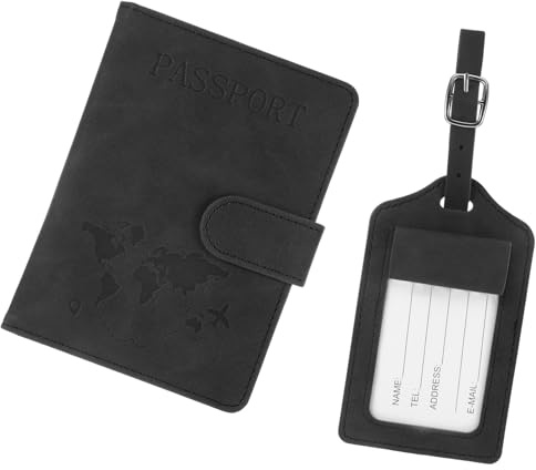 Lot de housse de passeport et étiquette de bagage en cuir synthétique avec pendentif de valise, passeport avec bloqueur RFID pour passeport, cartes de crédit, cartes d'identité, documents de voyage