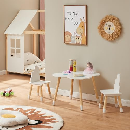 [en.casa] Set di 3 Mobili per Cameretta Tavolino e 2 Sedie con Schienale Tavolo a Forma di Nuvola a Misura di Bimbi per Area Gioco Bambini - Bianco/Naturale