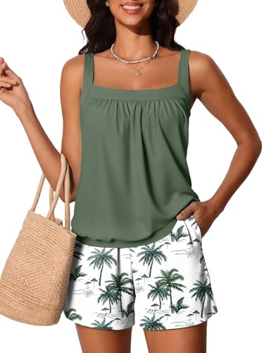 Summer Mae Blouson Womens Tankini Swimsuits 2026 Modest Tummy Control Bathing Suits Swim Shorts with Pockets for Beach Green Shadow Size 12