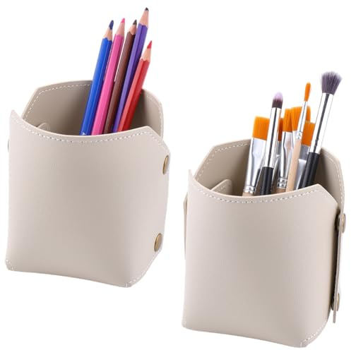 CALFOVERA 2 Pot à Crayons Multifonction en Cuir PU Pot à Crayons en Cuir Blanc Conteneur de Papeterie Boîte de Rangement à Paillettes pour Pinceaux de Maquillage Étui de Rangement pour Bureau