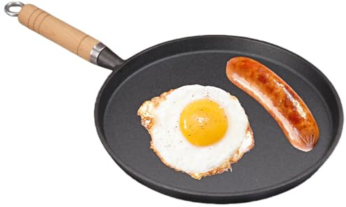 GOEDCH Diametro 26 cm padella per pancake: padella rivestita in ghisa con manico in legno, distribuzione uniforme del calore antiaderente per barbecue a gas, gas, campeggio, cucina all'aperto