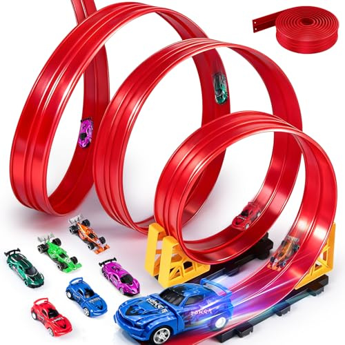 LumenVela Piste de Voiture, 5M Piste de Course Portable avec 6 Petites Voitures 1 Sac de Rangement 4 Rampe 4 Ventouse Circuit Voiture Flexible pour Enfant Jouet 3 4 5 6 Ans (Rouge)