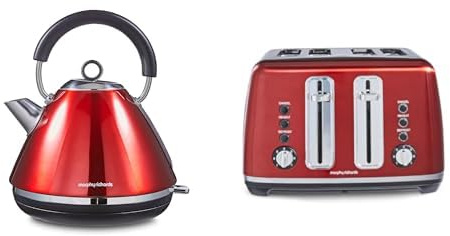 Morphy Richards Accents Kettle & Toaster Bundle, 1.5L, 3KW Rapid Boil Pyramid Kettle & 4 Slice Toaster Set, Easy Operation, User Friendly, Stylish Retro Design, Matching Set, Red, 102048 | 242048