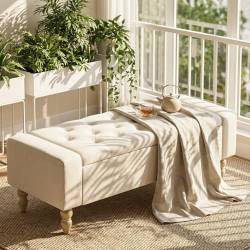 Hellove Banc de Rangement 120cm avec Pieds en Bois, Lin Coffre de Rangement Ottomane Bout de Lit, Support 150kg, Banc Chaussures Entrée pour Chambre à Coucher, Salon, Entrée - 120x45x43 cm, Beige