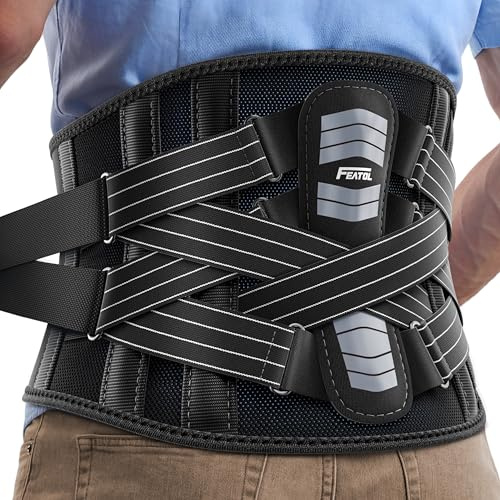 FEATOL Back Brace for Lower Back Pain Women Men, Removable Dual-Side Spine Lumbar Pad with Snug Fit, Adjustable Support Belt for Work, Gray, Size XXL 45-50