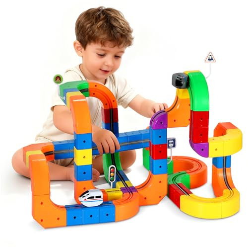 Electric Train Set for Kids Flexible Race Track Toy DIY 3D Embedded Layouts & Motorized Car 3-8 Year Old Boys Girls Toys STEM Learning Gift (123Pcs,2 Car)