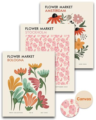 HesenDot 30x40cm Unframed Flower Market Canvas Prints Set of 3 | Abstract Floral Botanical Posters Wall Art, Minimalist Amsterdam Stockholm Bologna Home Bedroom Decoration