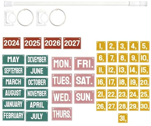 Calendrier à volets pour salle de classe, tige réglable, lot pour tableau d’affichage 41 x 10,5 x 2,5 cm, cartes de date réutilisables, design coloré, facile à monter, calendrier pour enseignant