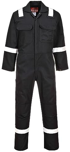 Portwest BIZ5 BizWeld Iona Overaller Reflekterande Tejp FR Elastisk Midja | Svart, XL, EN ISO 11612, EN 61482-1-1, UPF 40+, Normal Passform, 8 Fickor, Unisex, 100% Bomull, Tryckknappar Fram, Skaltyg