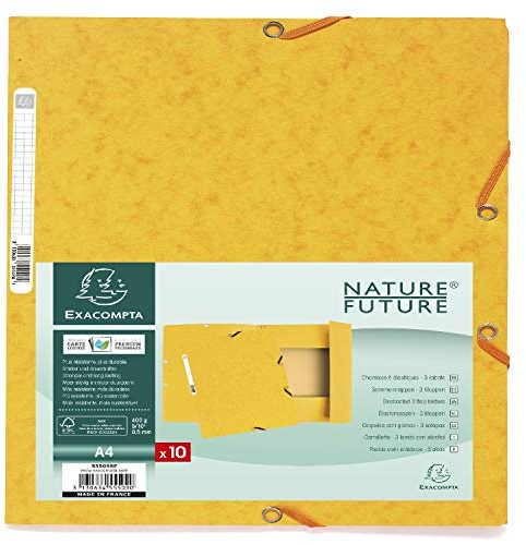 Exacompta - Réf 55509SE - Paquet de 10 chemises à élastiques - pochettes 3 rabats - en carte lustrée 400 g/m2 - dimensions 24 x 32 cm pour documents au format A4 - couleur jaune