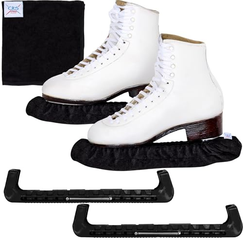 CRS Cross Ice Skate Guards, Soakers and Towel Gift Set. Essential Ice Skating Hard Guard and Soft Skate Blade Cover Accessories for Figure Skating or Hockey (Biellmann Black, Large)
