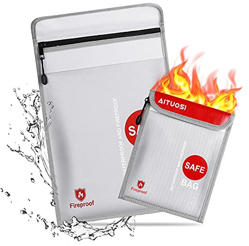 Bolsa de Archivo ignífugo de 2 Piezas, Bolsa de Almacenamiento de Seguridad ignífuga e Impermeable para Proteger Objetos de Valor, pasaportes, Documentos, Dinero en Efectivo, Baterías, Móviles