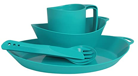 Lifeventure Ellipse wiederverwendbar 4-Teiliges Geschirr Set: Messer/Gabel/Löffel, Teller, Schüssel, Becher für Camping, Reisen & Outdoor, Türkisblau