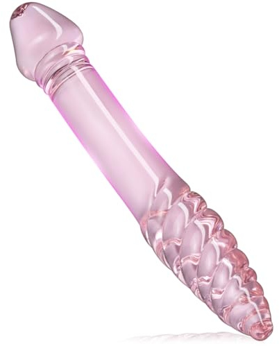 Glass Double-Ended Dildo Penis Crystal Pleasure Wand with Spiral Texture and Vivid Glans Anal Butt Plug for G-spot Stimulation (Pink)
